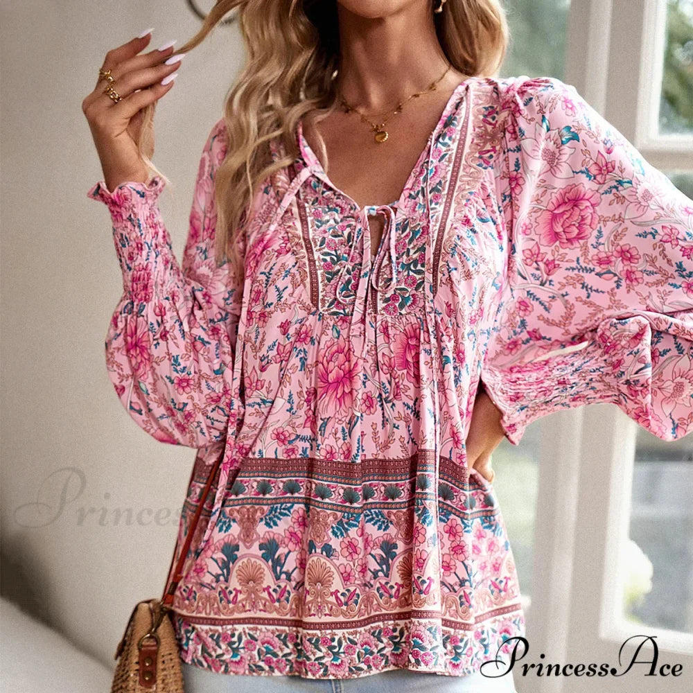 Informal V-Neck Flower Pattern Extended Sleeve Boho Top
