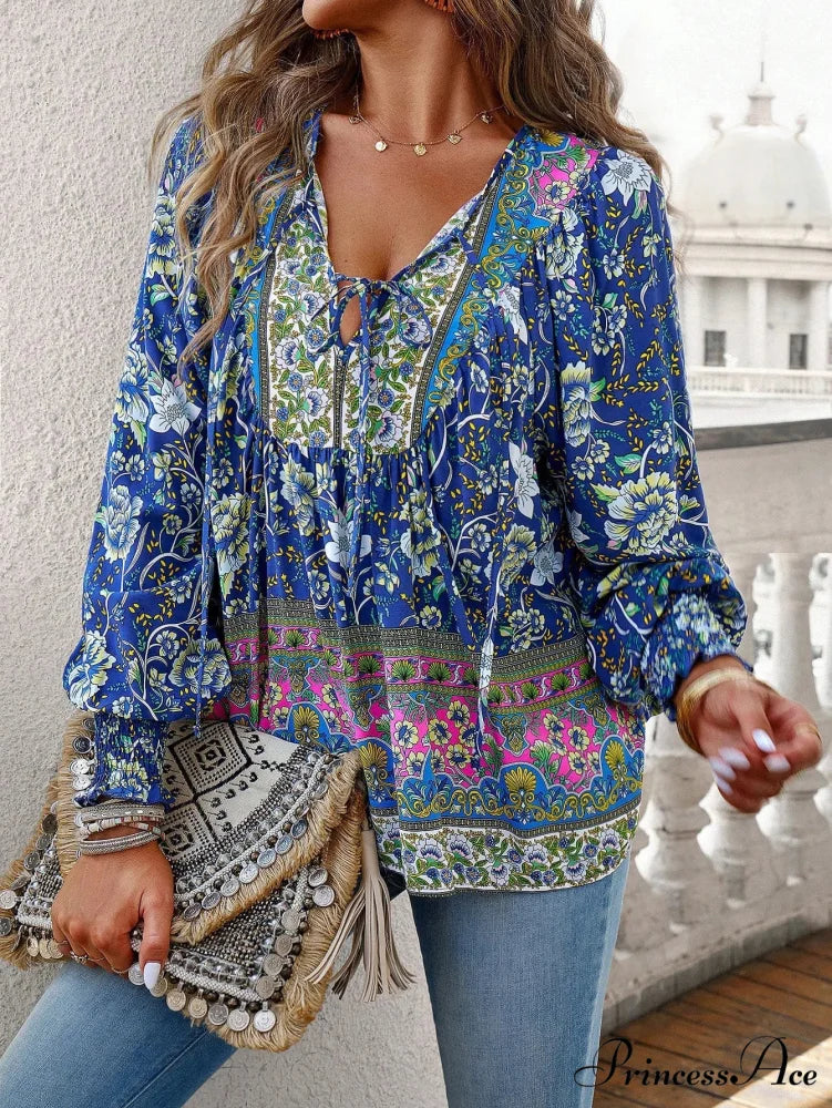 Informal V-Neck Flower Pattern Extended Sleeve Boho Top