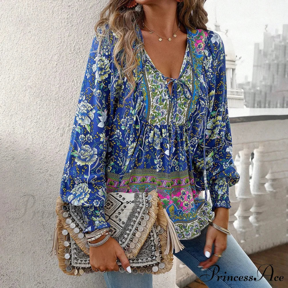 Informal V-Neck Flower Pattern Extended Sleeve Boho Top