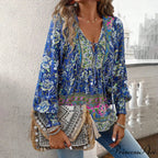 Informal V-Neck Flower Pattern Extended Sleeve Boho Top
