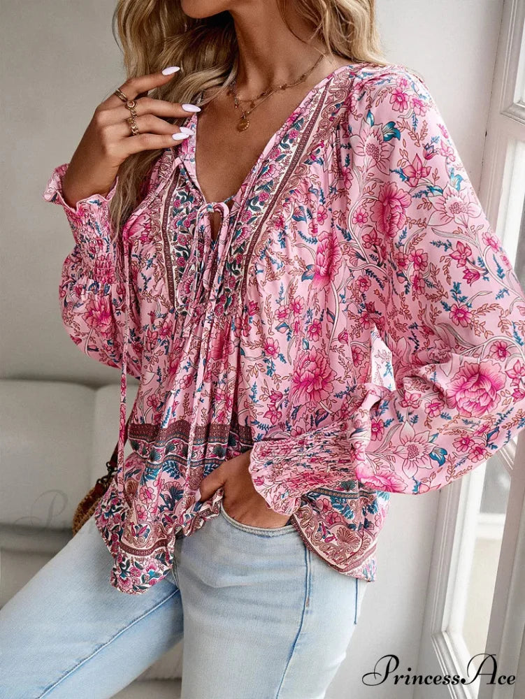 Informal V-Neck Flower Pattern Extended Sleeve Boho Top