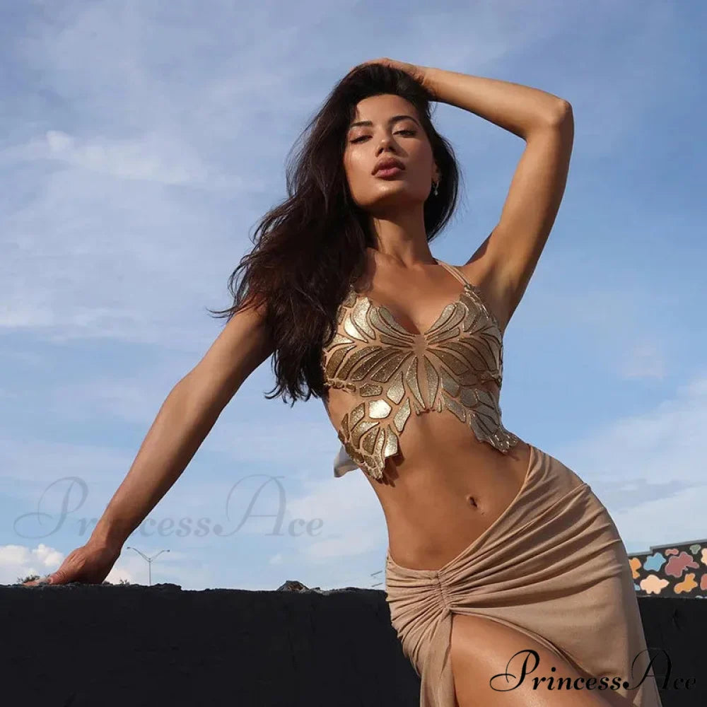 Insect Patches Open-Backed Bandage Halter Crop Top