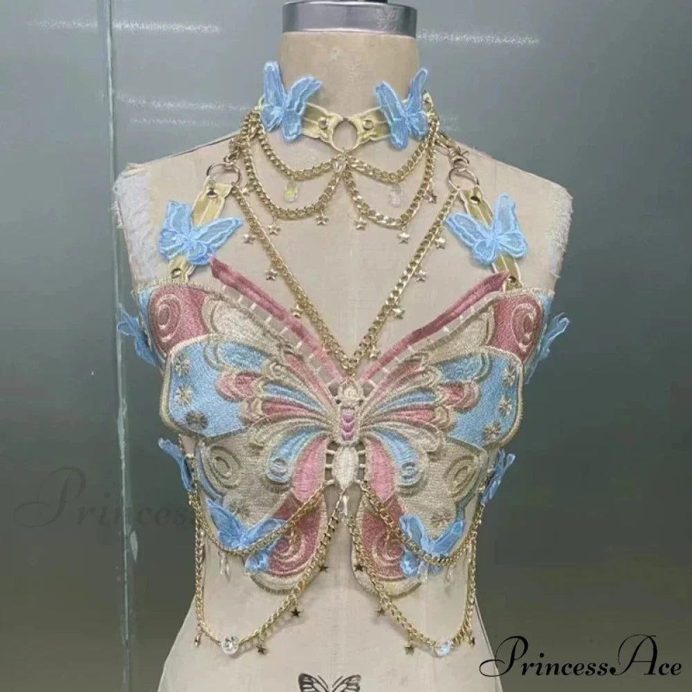 Insect Stitched Gem Chain Backless Crop Top