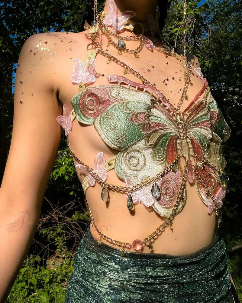 Insect Stitched Gem Chain Backless Crop Top