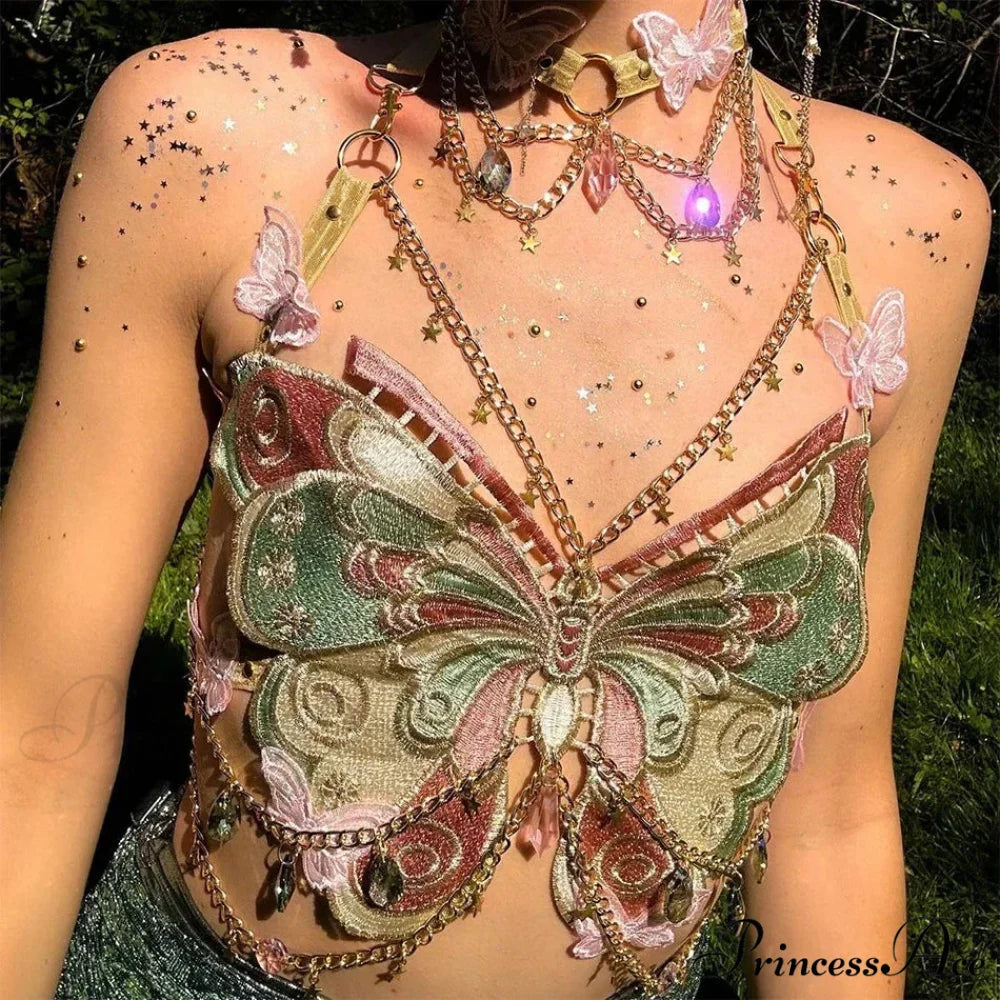 Insect Stitched Gem Chain Backless Crop Top
