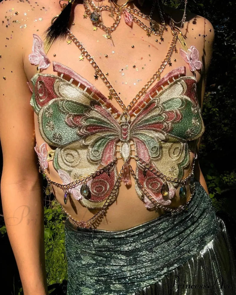 Insect Stitched Gem Chain Backless Crop Top