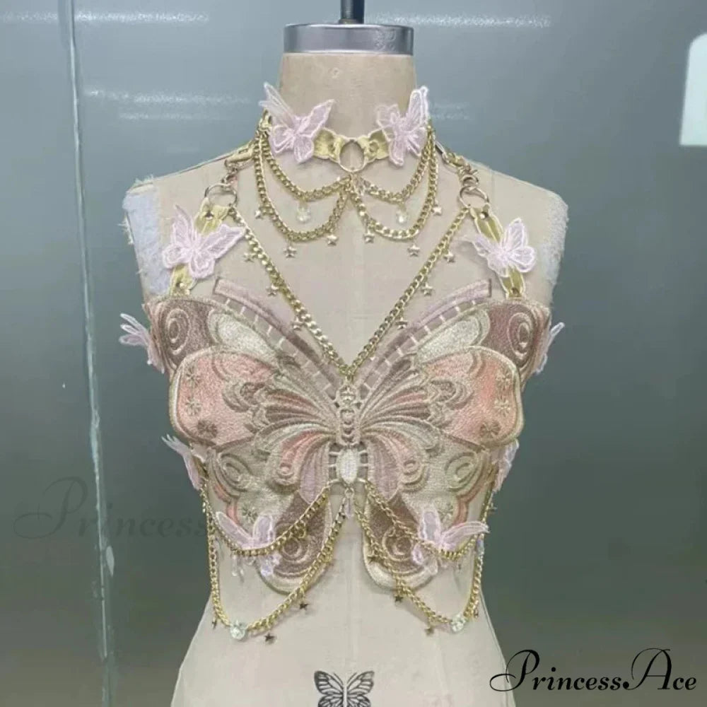 Insect Stitched Gem Chain Backless Crop Top