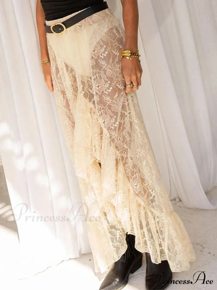 Irregular Frill Lace Form-Fitting Summer Beach Y2K Long Skirt