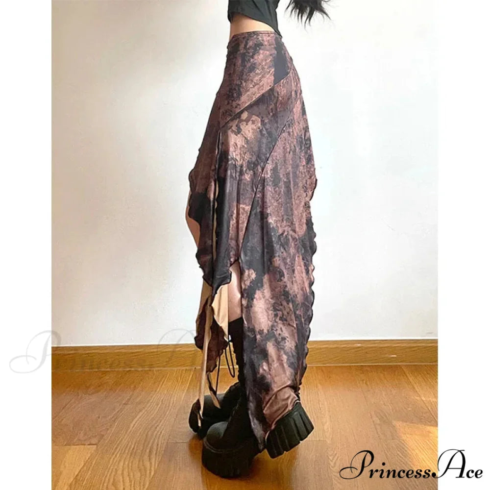Irregular Midi Skirt Vintage Boho Frills Print Skirt