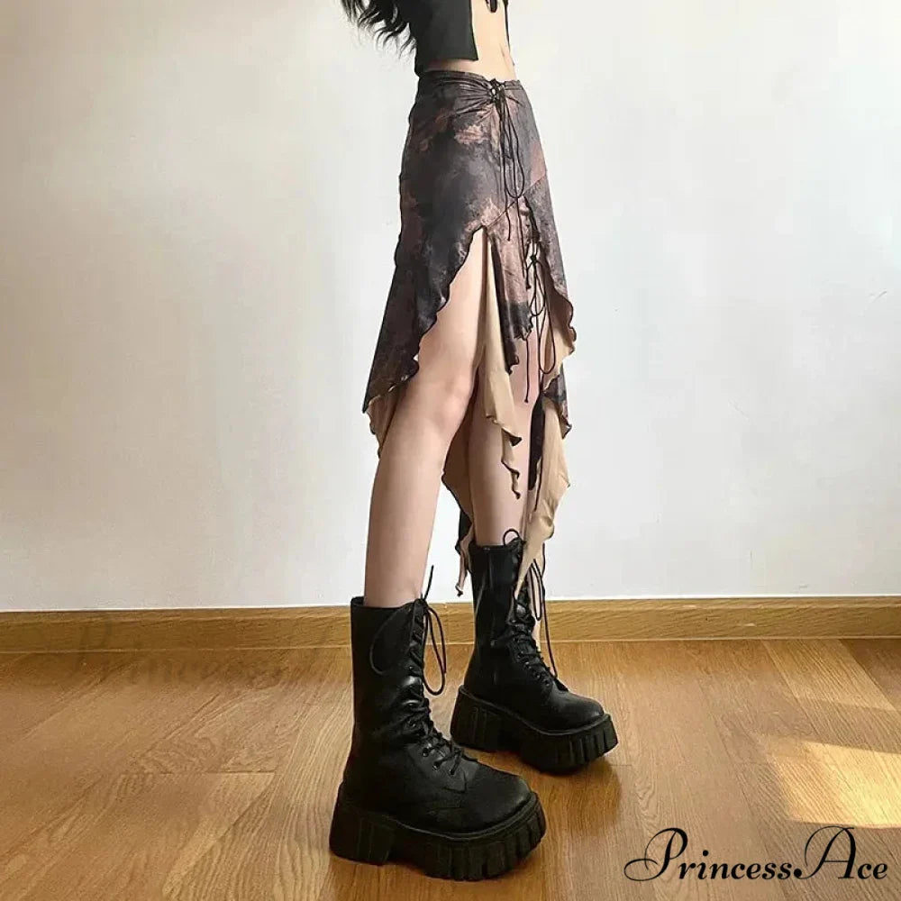 Irregular Midi Skirt Vintage Boho Frills Print Skirt