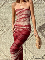 Irregular Tie Dyeing Print Tube for Women Summer Beach Party Clubwear Strapless Off Shoulder Ruched Dress