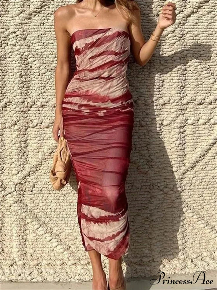 Irregular Tie Dyeing Print Tube for Women Summer Beach Party Clubwear Strapless Off Shoulder Ruched Dress