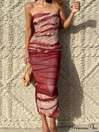 Irregular Tie Dyeing Print Tube for Women Summer Beach Party Clubwear Strapless Off Shoulder Ruched Dress