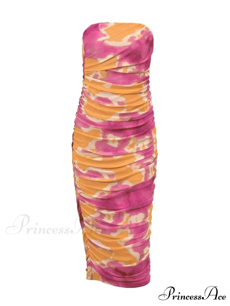 Irregular Tie Dyeing Print Tube for Women Summer Beach Party Clubwear Strapless Off Shoulder Ruched Dress