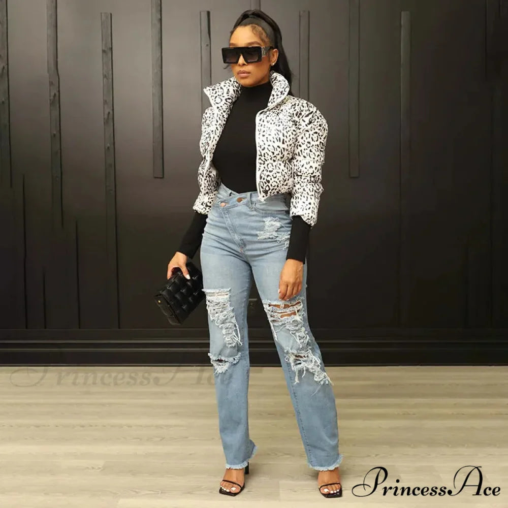 Irregular Waist Straight Leg High Street Loose Ripped Holes Casual Fashion Stretchy Jean