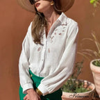 Ivory Cotton Linen Lace Floral Embroidery Boho Top