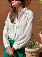 Ivory Cotton Linen Lace Floral Embroidery Boho Top