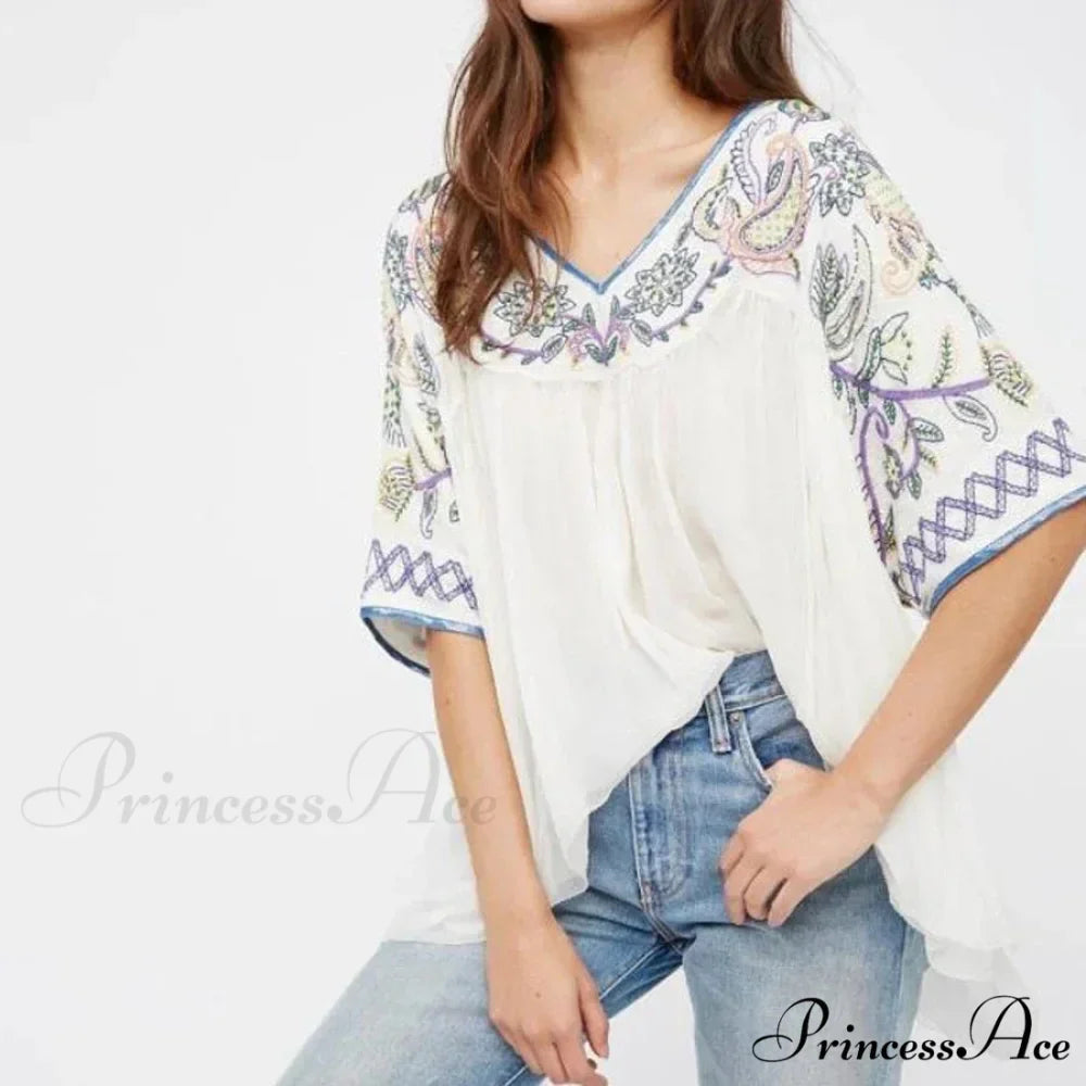 Ivory Cotton Rayon Beaded Floral Embroidered Bohemian Top