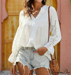 Ivory Extended Sleeve Lace Baggy Plunging Neckline Bohemian Top