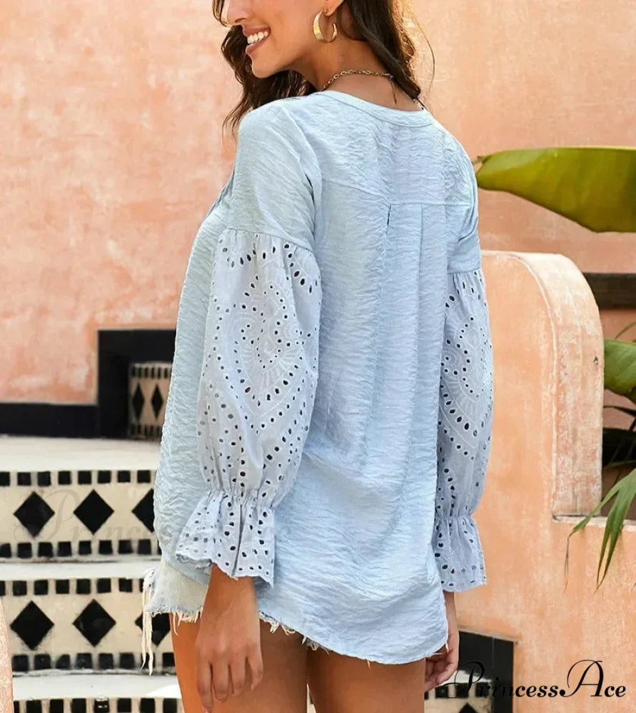 Ivory Extended Sleeve Lace Baggy Plunging Neckline Bohemian Top