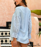 Ivory Extended Sleeve Lace Baggy Plunging Neckline Bohemian Top