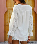 Ivory Extended Sleeve Lace Baggy Plunging Neckline Bohemian Top