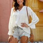 Ivory Extended Sleeve Lace Baggy Plunging Neckline Bohemian Top