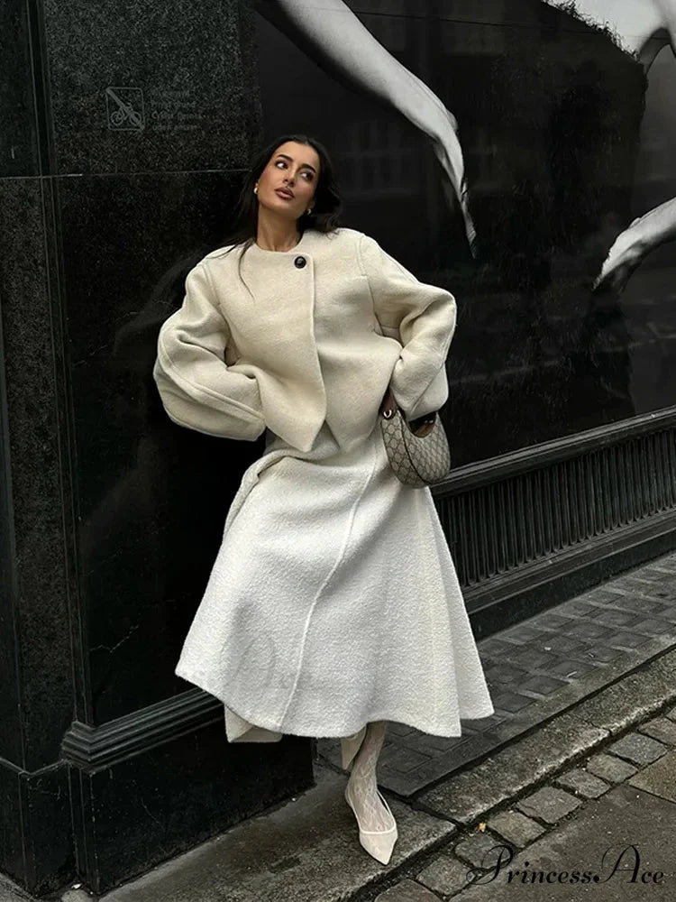 Ivory Extended Sleeve Woolen Overcoat