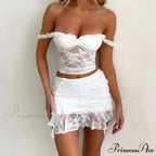 Ivory Flowery Lace 2 Piece Set Seductive Open-Back Tie Up Camis + Mini Skirt Wrap Body-Hugging Women Retro Off-The-Shoulder Crop Top Outfits