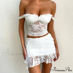 Ivory Flowery Lace 2 Piece Set Seductive Open-Back Tie Up Camis + Mini Skirt Wrap Body-Hugging Women Retro Off-The-Shoulder Crop Top Outfits