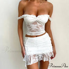 Ivory Flowery Lace 2 Piece Set Seductive Open-Back Tie Up Camis + Mini Skirt Wrap Body-Hugging Women Retro Off-The-Shoulder Crop Top Outfits