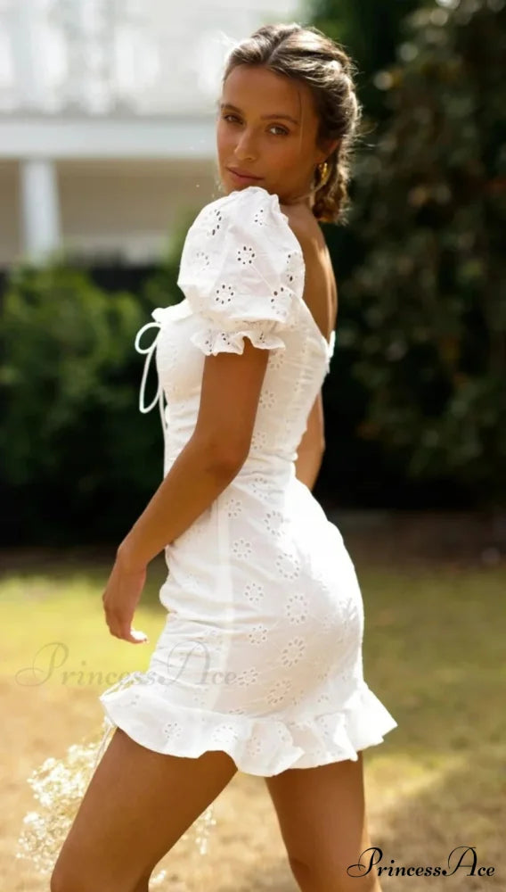 Ivory Lace Cotton Brief Sleeve Body-Hugging Mini Bohemian Dress