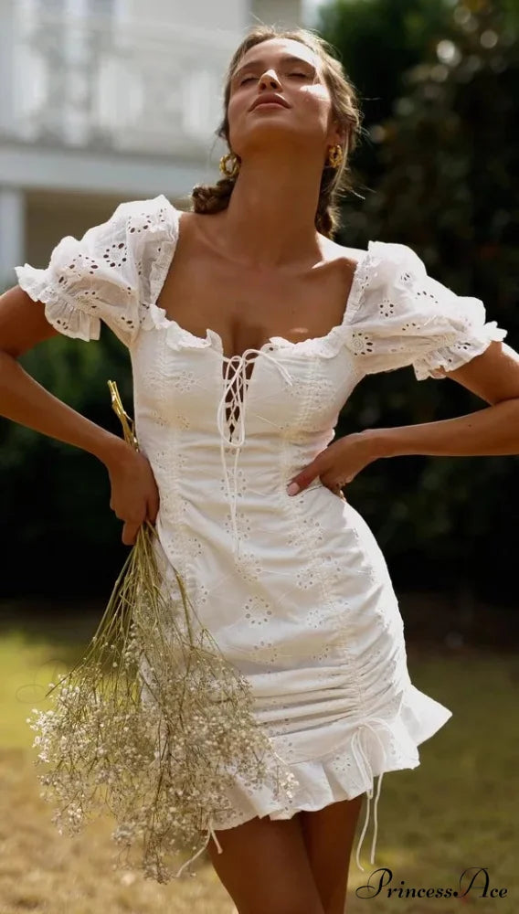 Ivory Lace Cotton Brief Sleeve Body-Hugging Mini Bohemian Dress