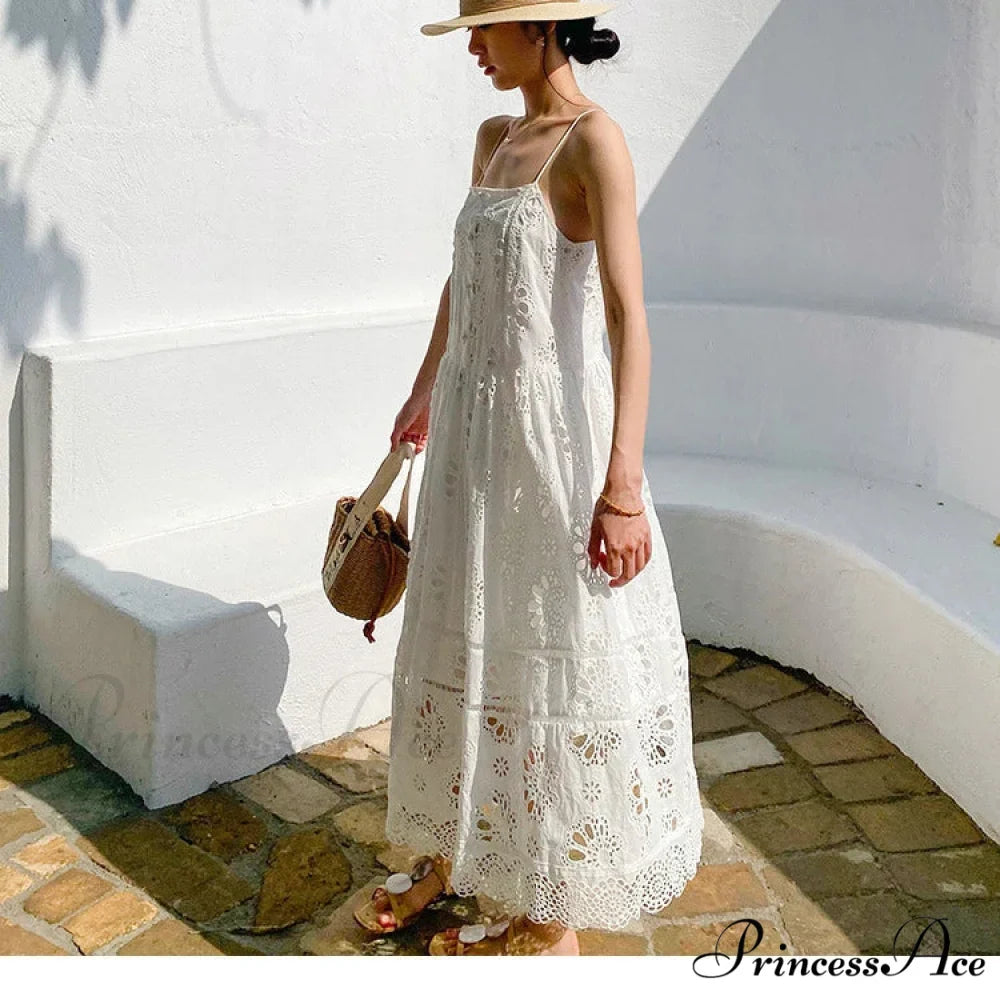 Ivory Lace Dress Cotton Floral Embroidery Strap Sleeveless Women Summer Dress
