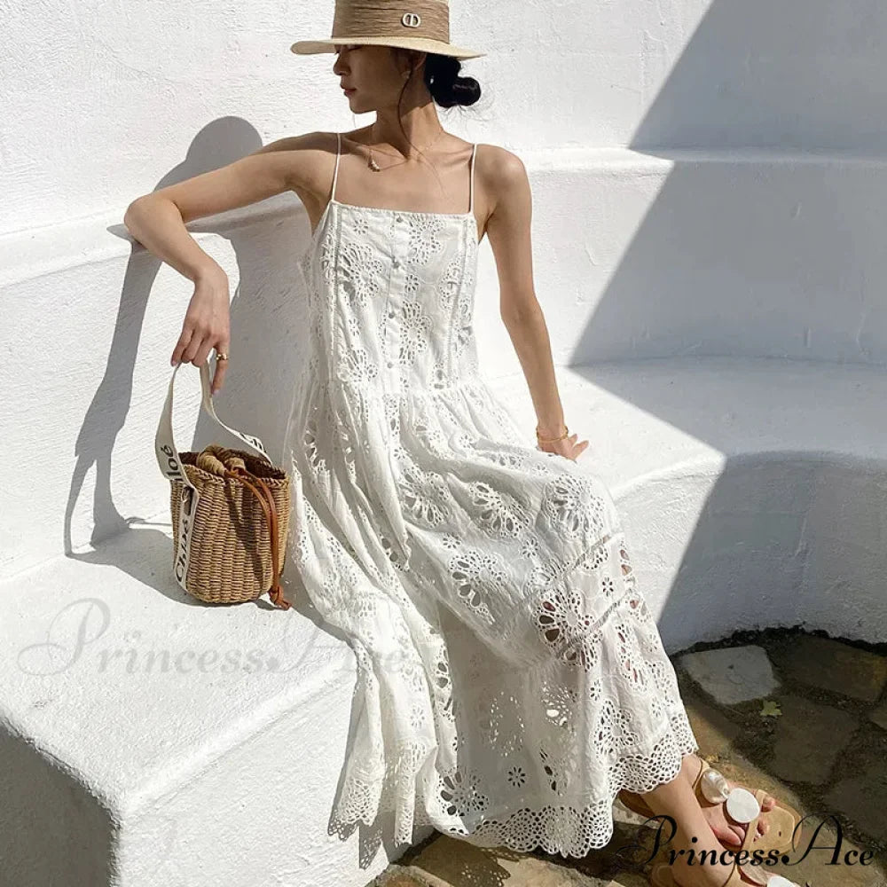 Ivory Lace Dress Cotton Floral Embroidery Strap Sleeveless Women Summer Dress