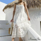 Ivory Lace Dress Cotton Floral Embroidery Strap Sleeveless Women Summer Dress