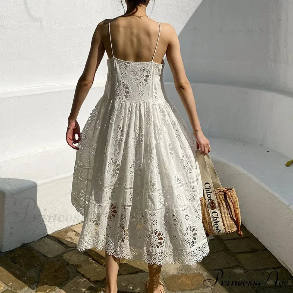 Ivory Lace Dress Cotton Floral Embroidery Strap Sleeveless Women Summer Dress