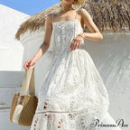 Ivory Lace Dress Cotton Floral Embroidery Strap Sleeveless Women Summer Dress