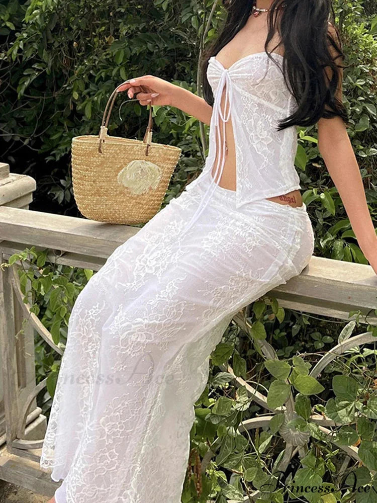 Ivory Lace Flowery Sleeveless Off-Shoulder Bandeau Wrap Flowery Dress