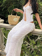 Ivory Lace Flowery Sleeveless Off-Shoulder Bandeau Wrap Flowery Dress