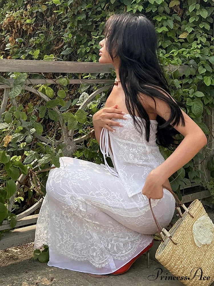 Ivory Lace Flowery Sleeveless Off-Shoulder Bandeau Wrap Flowery Dress