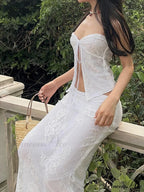 Ivory Lace Flowery Sleeveless Off-Shoulder Bandeau Wrap Flowery Dress