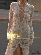 Ivory Lace Knitted Blossom Low Cut Crisscross Slit Blossom Dress