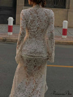 Ivory Lace Knitted Blossom Low Cut Crisscross Slit Blossom Dress