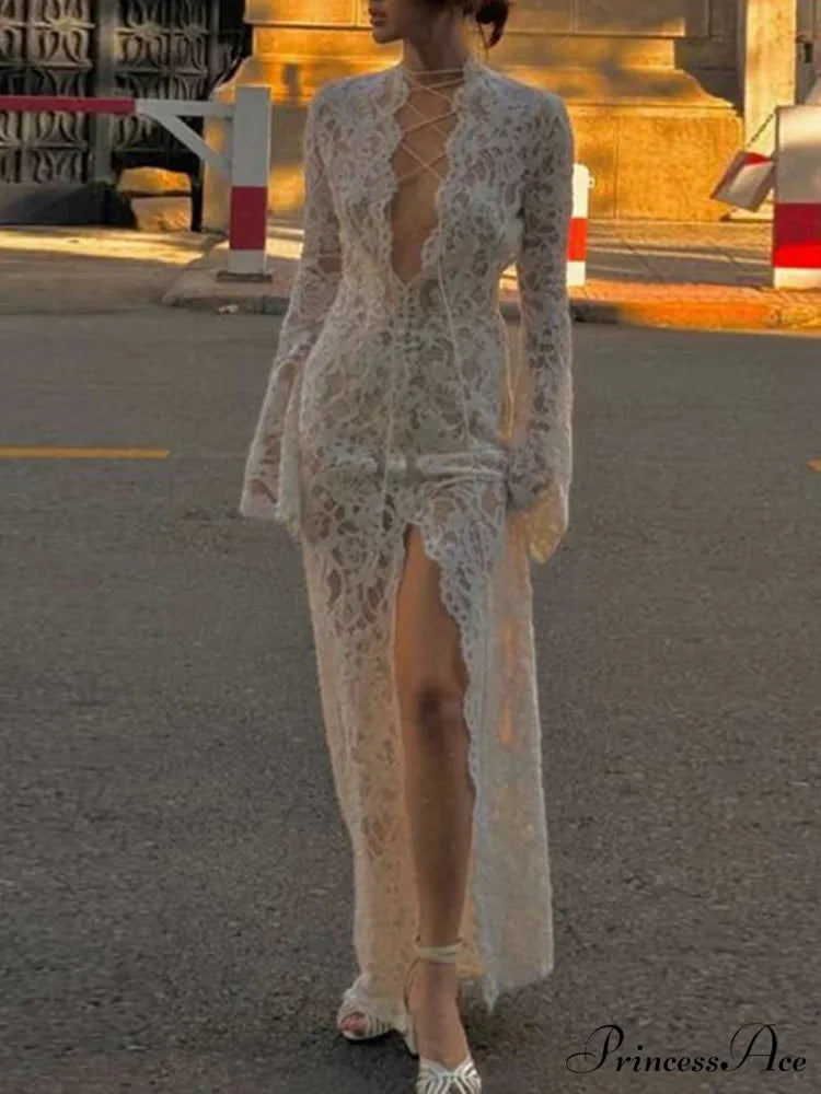 Ivory Lace Knitted Blossom Low Cut Crisscross Slit Blossom Dress