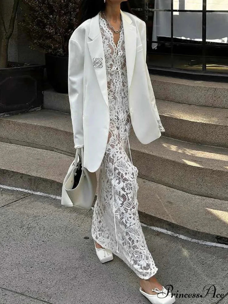 Ivory Lace Knitted Blossom Low Cut Crisscross Slit Blossom Dress