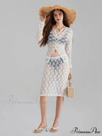 Ivory Lace Mesh Extended Sleeve Button-Up Floral Skirt Set
