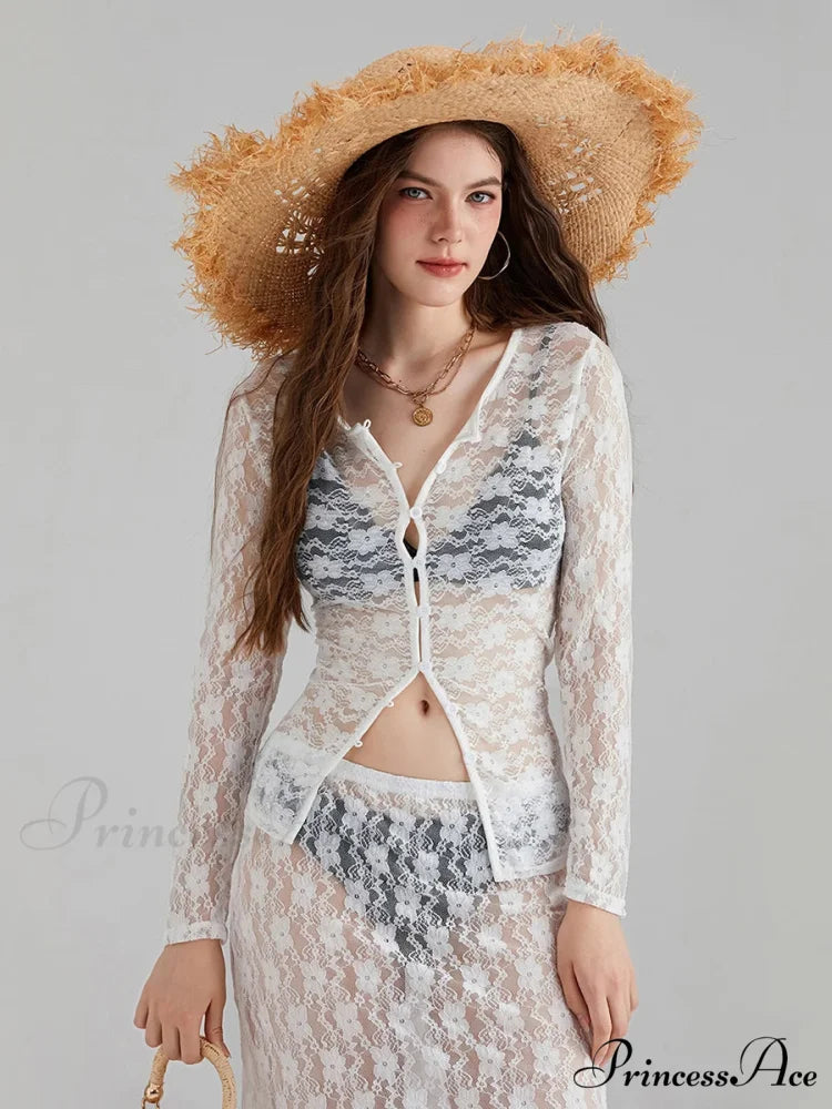 Ivory Lace Mesh Extended Sleeve Button-Up Floral Skirt Set