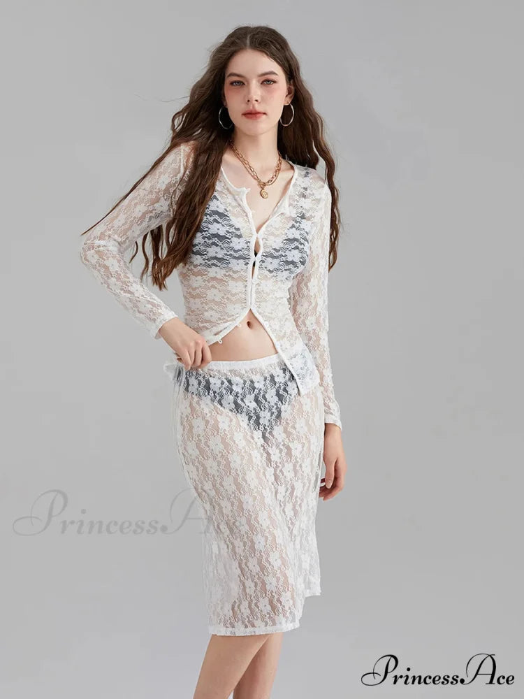 Ivory Lace Mesh Extended Sleeve Button-Up Floral Skirt Set
