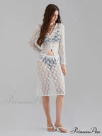 Ivory Lace Mesh Extended Sleeve Button-Up Floral Skirt Set
